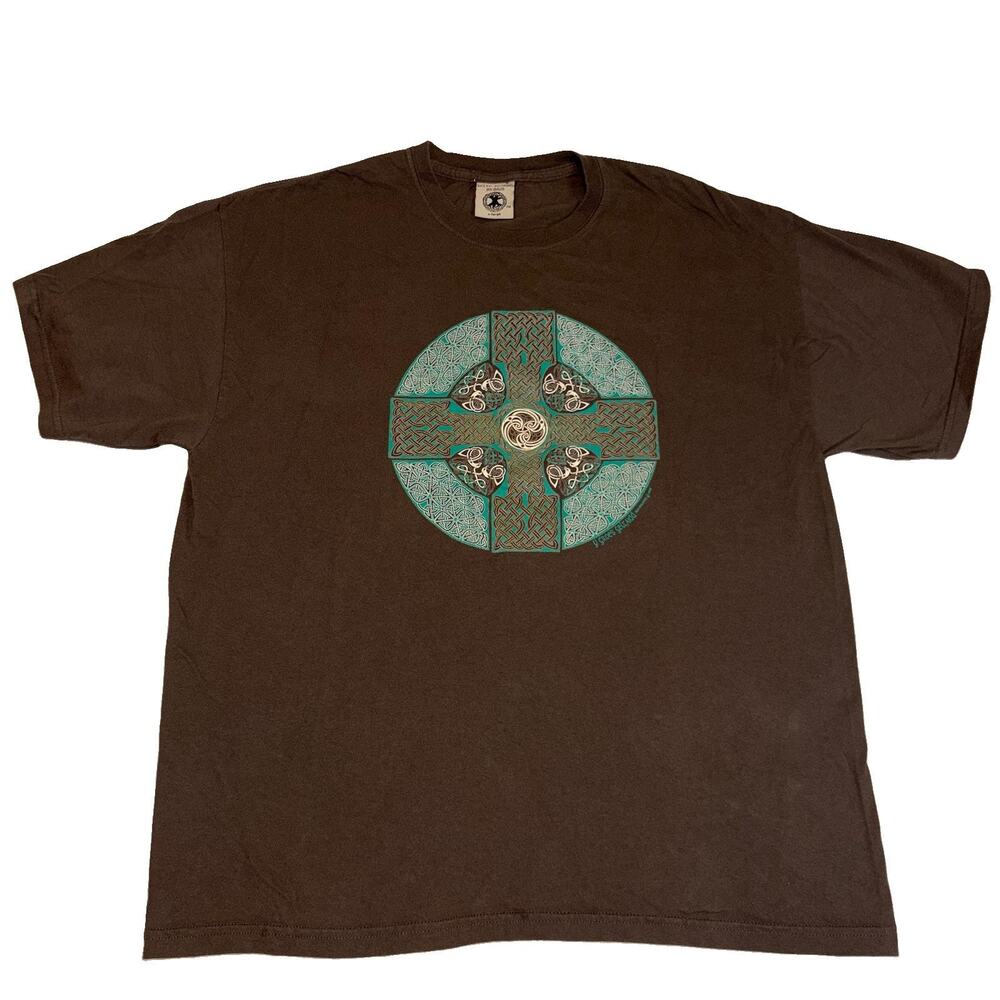 VTG 90s Jen Delyth Celtic Cross T Shirt XL Brown Keltic Designs Art Wear 1999